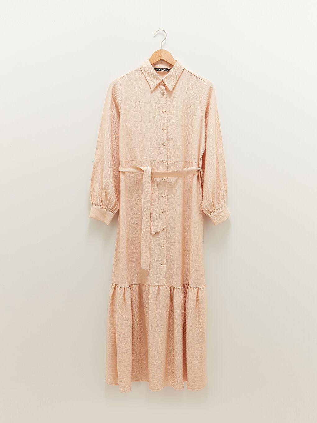 Bej Gömlek Yaka Düz Uzun Kollu Beli Kemerli Kadın Elbise-5