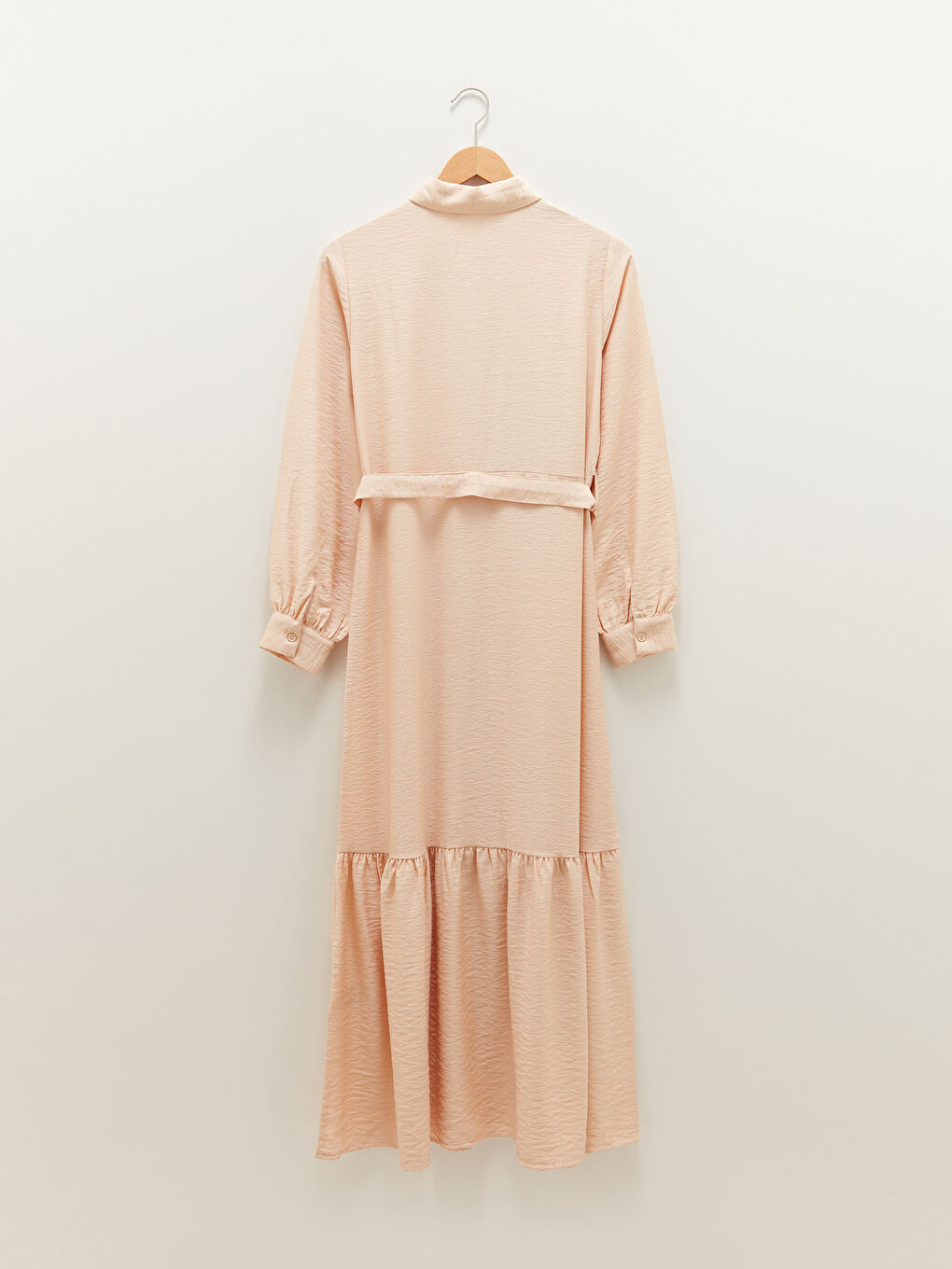 Bej Gömlek Yaka Düz Uzun Kollu Beli Kemerli Kadın Elbise-6