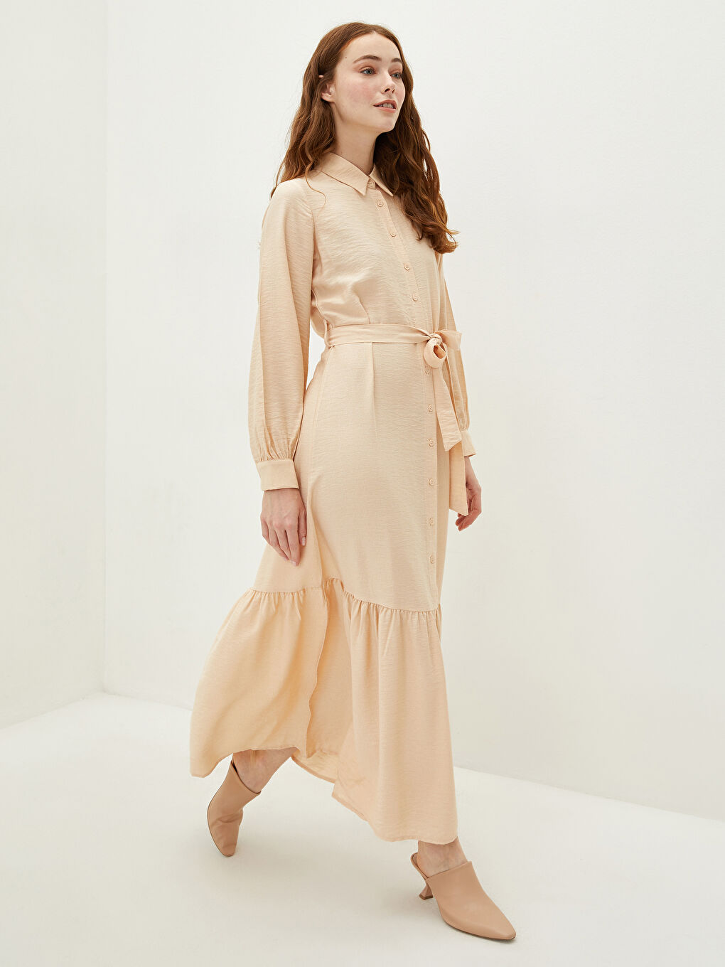 Bej Gömlek Yaka Düz Uzun Kollu Beli Kemerli Kadın Elbise-2