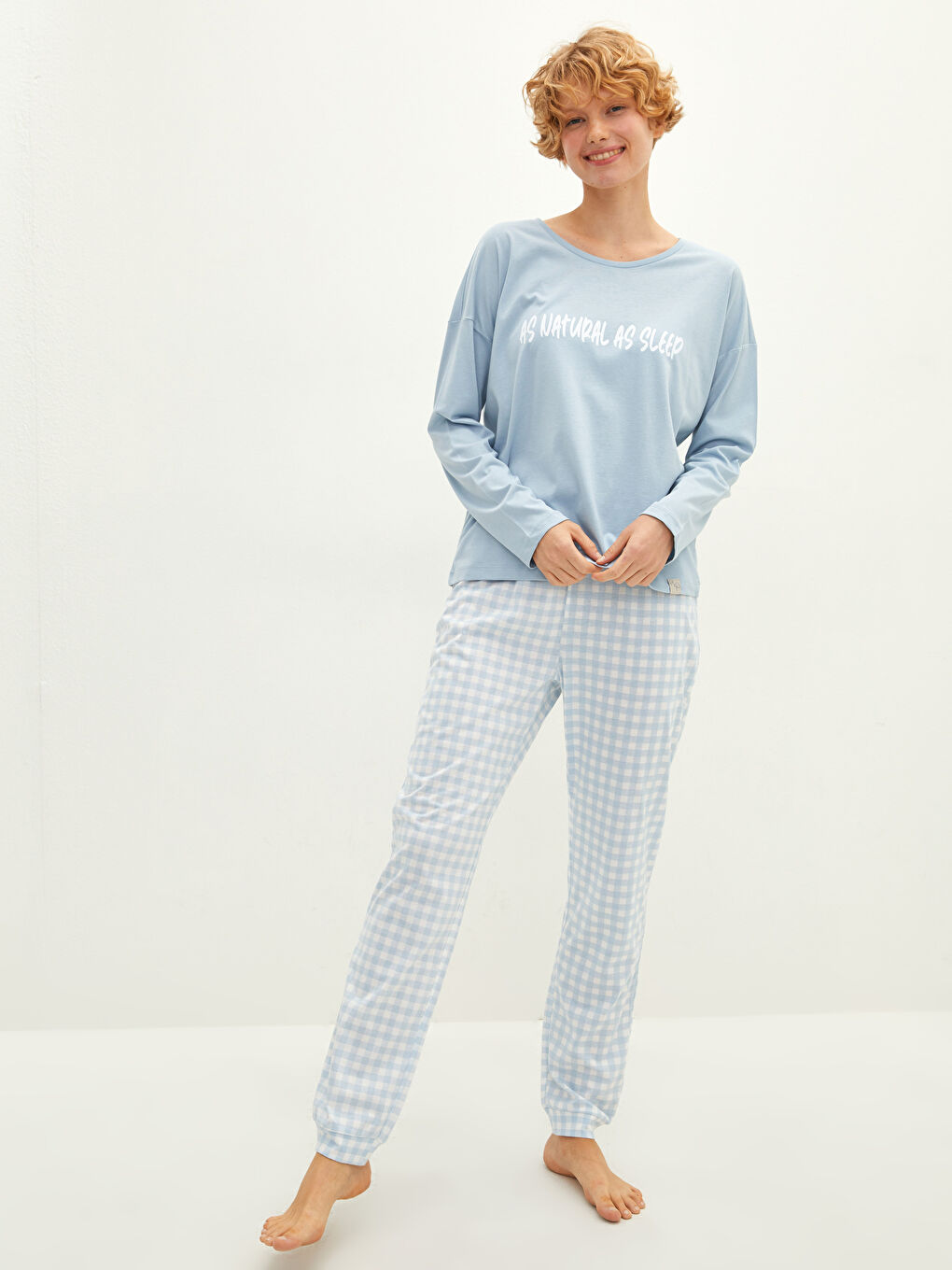 Mavi Bisiklet Yaka Baskılı Uzun Kollu Kadın Pijama Takımı