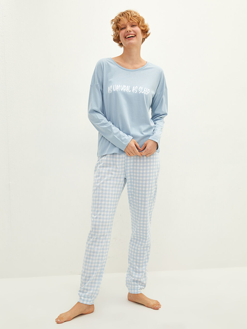 Mavi Bisiklet Yaka Baskılı Uzun Kollu Kadın Pijama Takımı-1