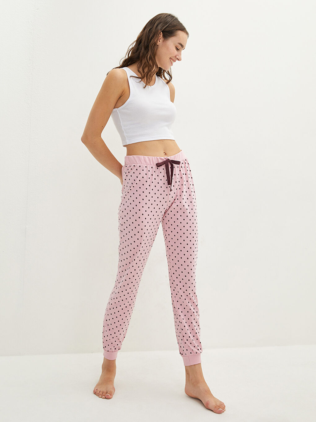 Elastic Waist Polka Dot Cotton Women's Pajama Bottom-1