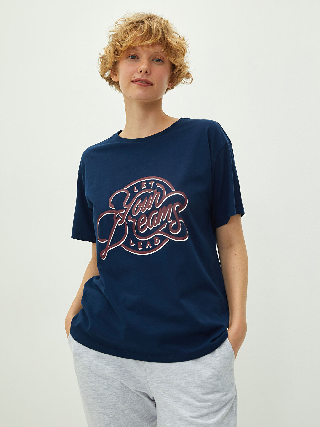 Gri Bisiklet Yaka Baskılı Kısa Kollu Kadın Pijama Takımı-2