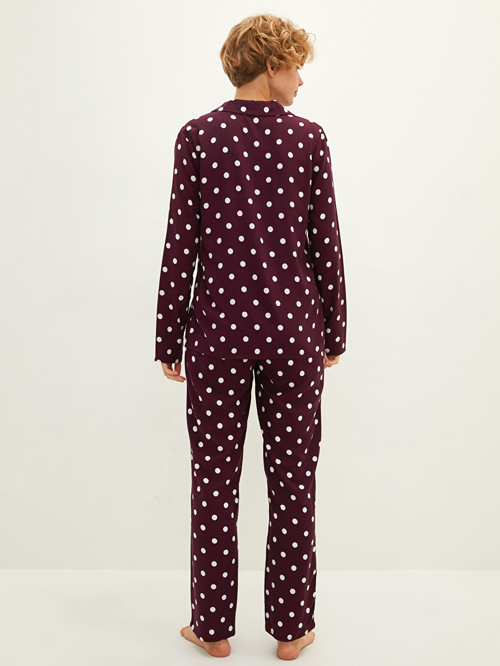 Bordo Gömlek Yaka Uzun Kollu Puantiye Desenli Viskon Kadın Pijama Takımı-4