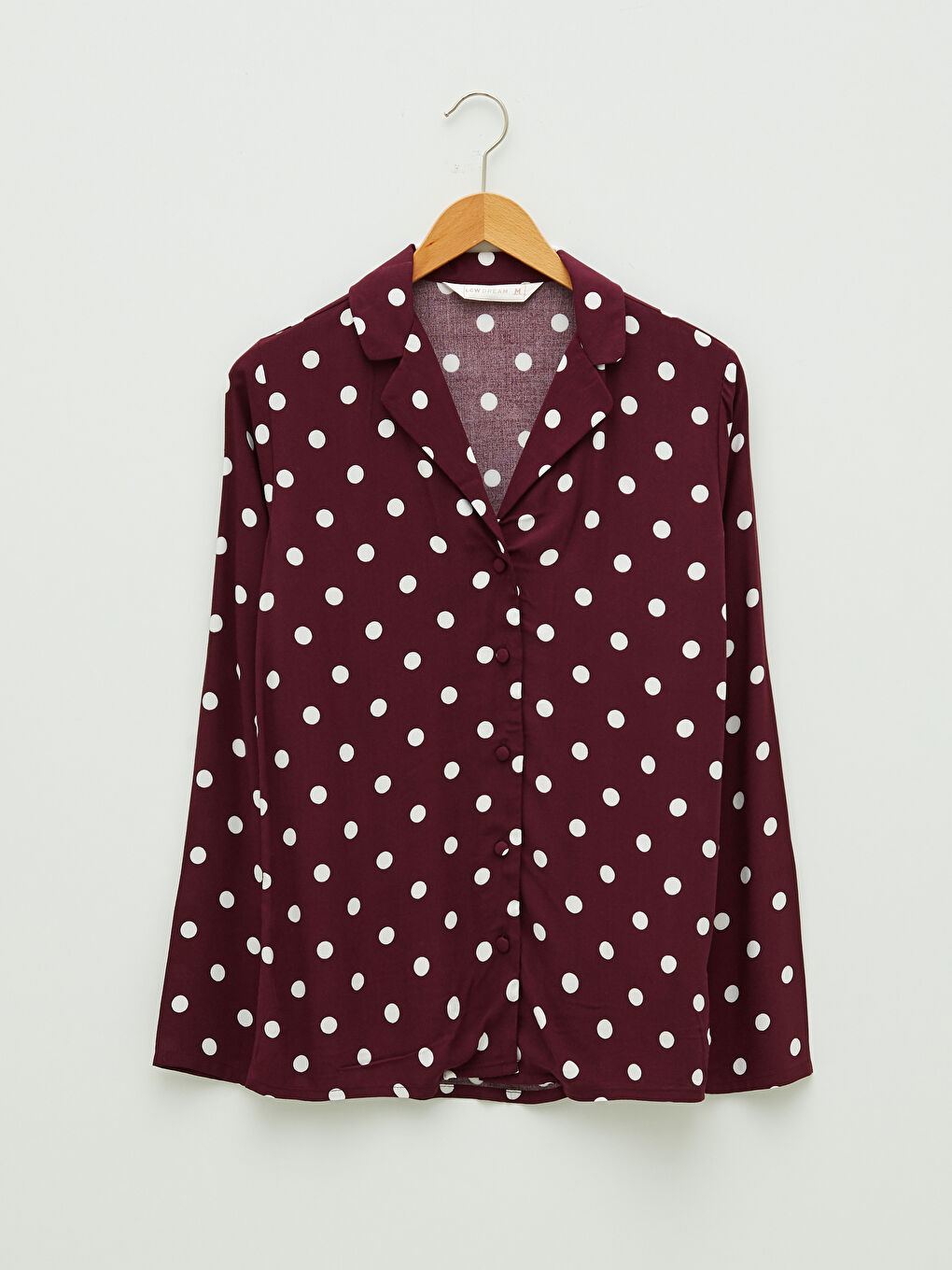 Bordo Gömlek Yaka Uzun Kollu Puantiye Desenli Viskon Kadın Pijama Takımı-6