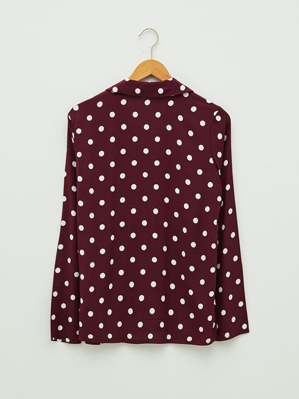 Bordo Gömlek Yaka Uzun Kollu Puantiye Desenli Viskon Kadın Pijama Takımı-8