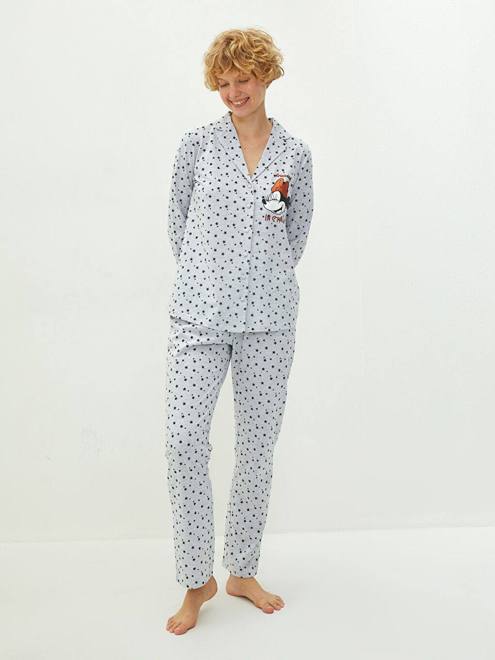 әйелдерге арналған минни маус принтті ұзын жең жағалы мойын пижама жинағы