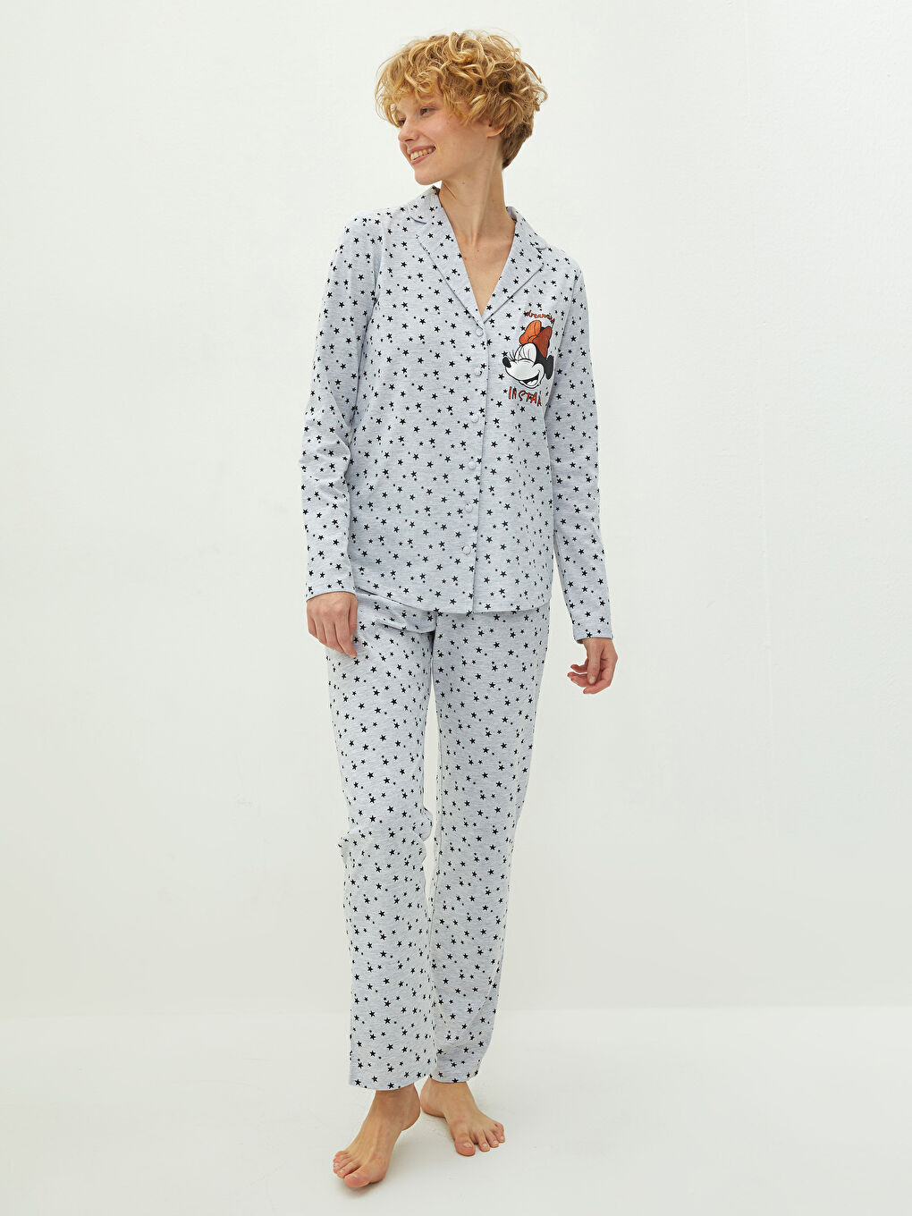 әйелдерге арналған минни маус принтті ұзын жең жағалы мойын пижама жинағы-1