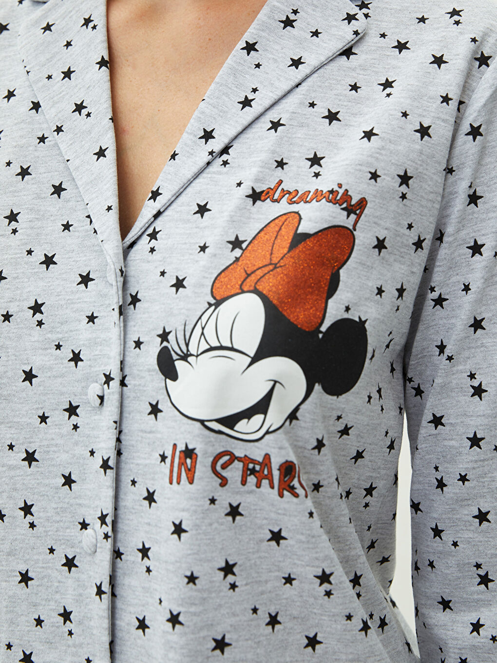 әйелдерге арналған минни маус принтті ұзын жең жағалы мойын пижама жинағы-2