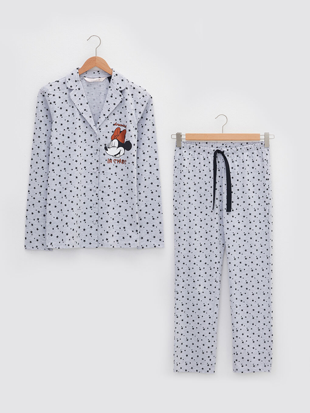 әйелдерге арналған минни маус принтті ұзын жең жағалы мойын пижама жинағы-5