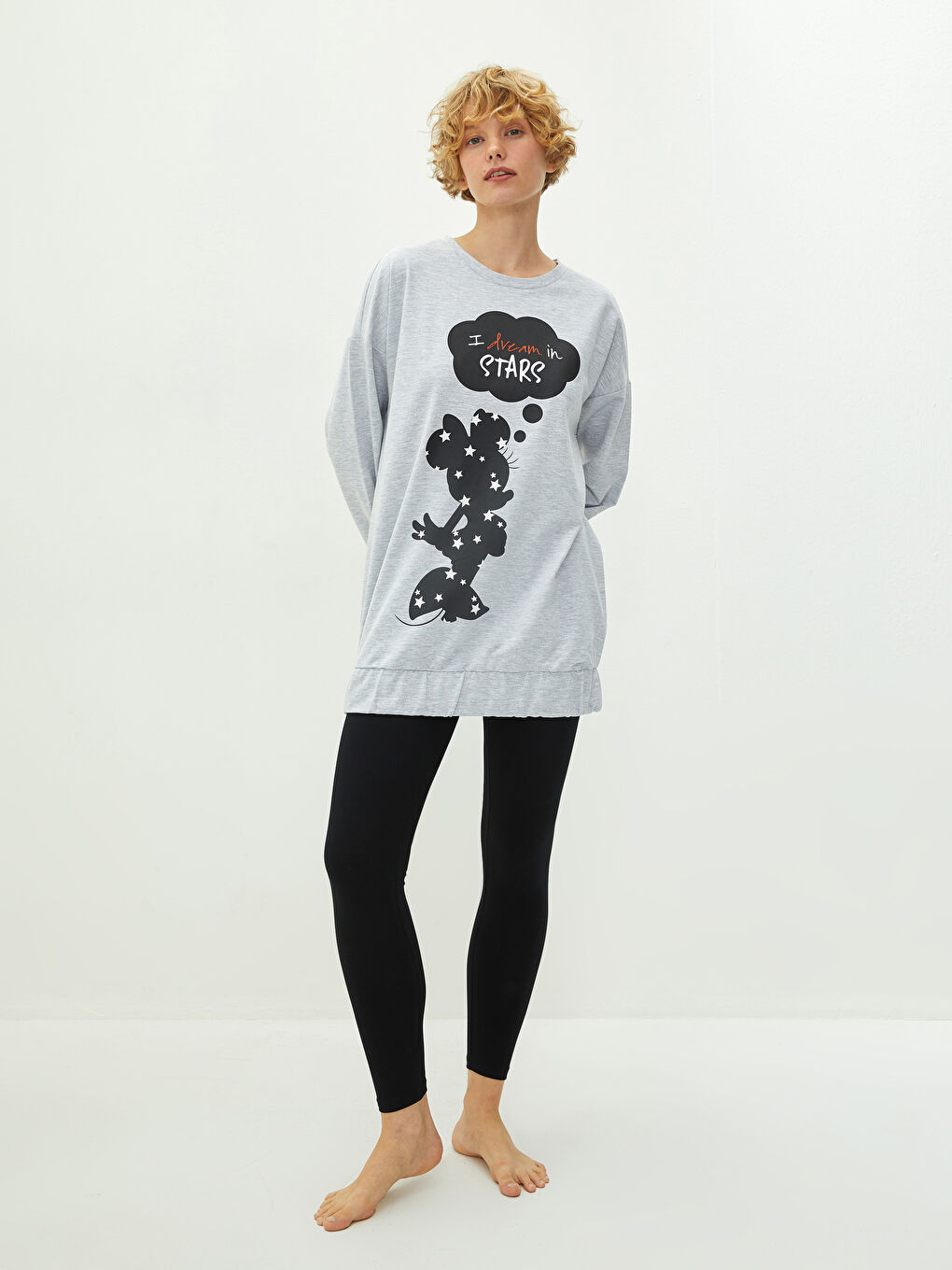 Siyah Bisiklet Yaka Minnie Mouse Baskılı Uzun Kollu Kadın Pijama Takımı