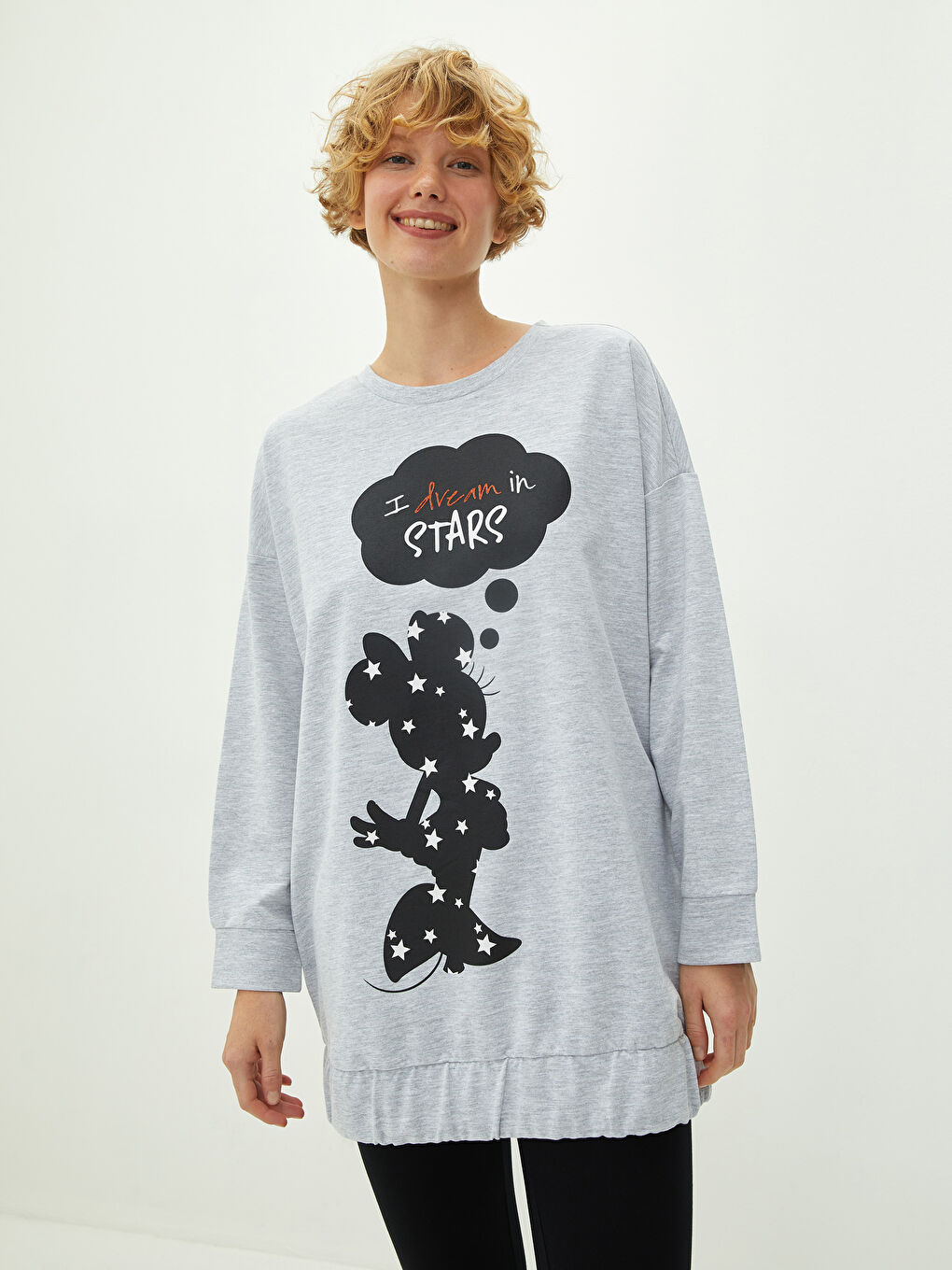 Siyah Bisiklet Yaka Minnie Mouse Baskılı Uzun Kollu Kadın Pijama Takımı-1