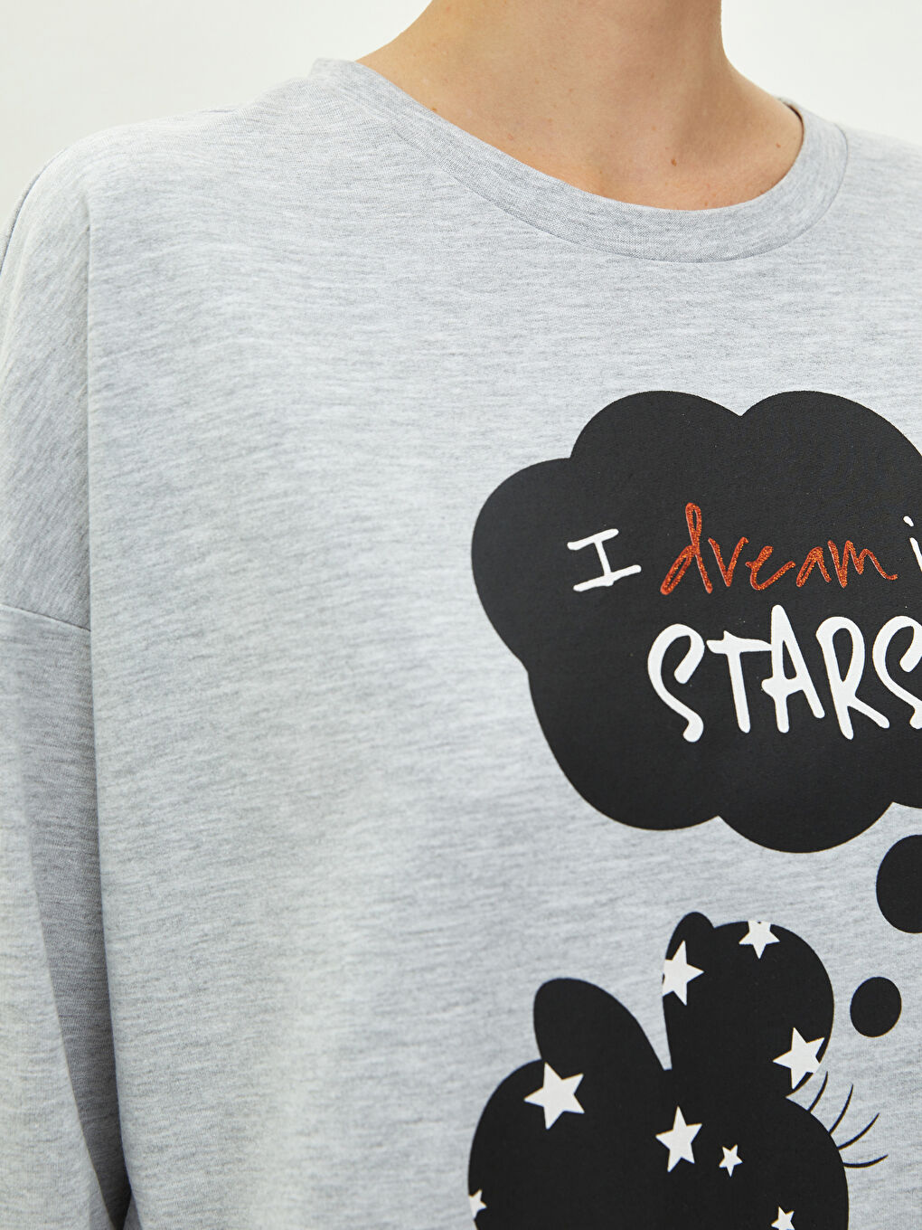 Siyah Bisiklet Yaka Minnie Mouse Baskılı Uzun Kollu Kadın Pijama Takımı-3