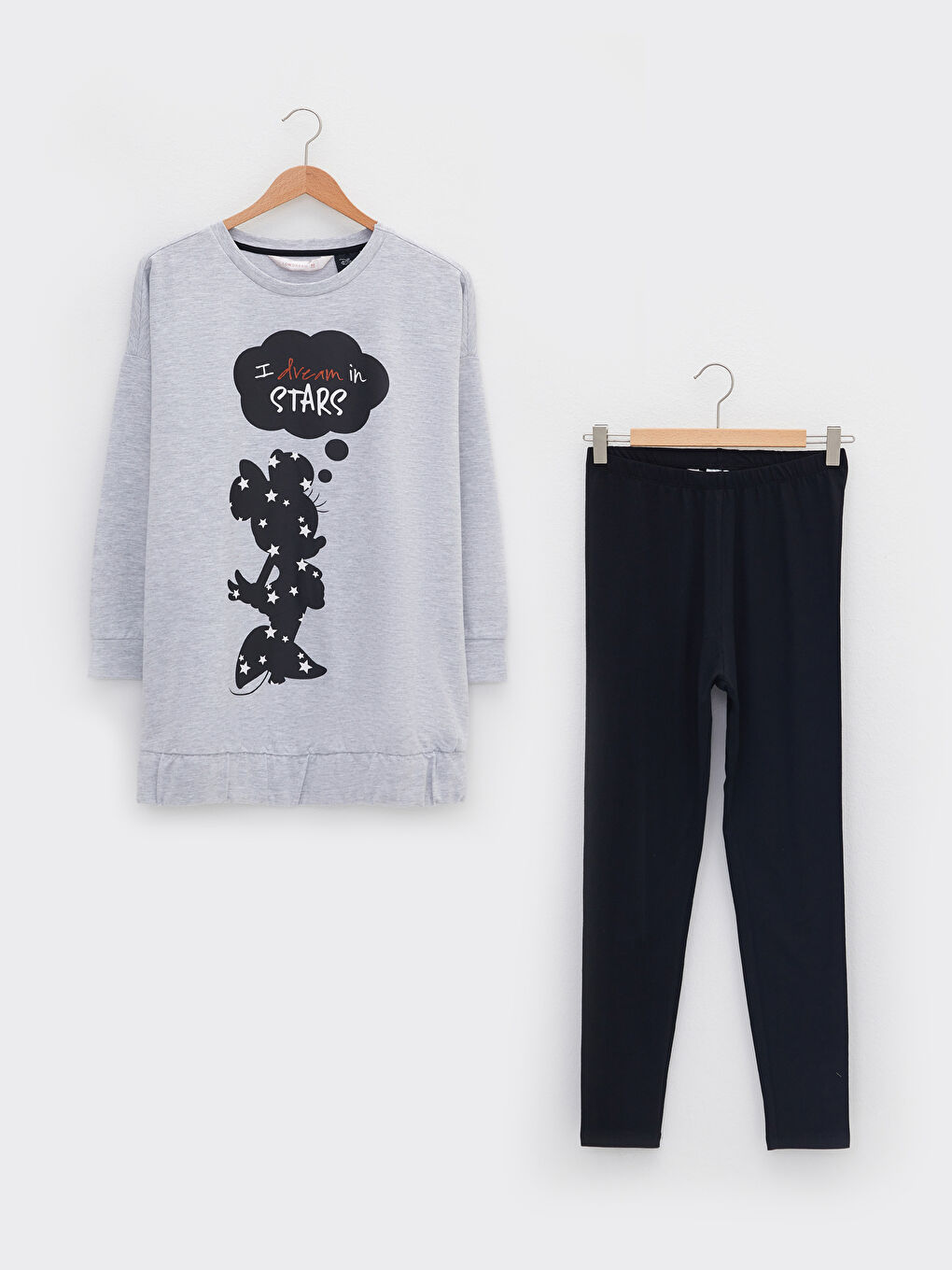 Siyah Bisiklet Yaka Minnie Mouse Baskılı Uzun Kollu Kadın Pijama Takımı-5