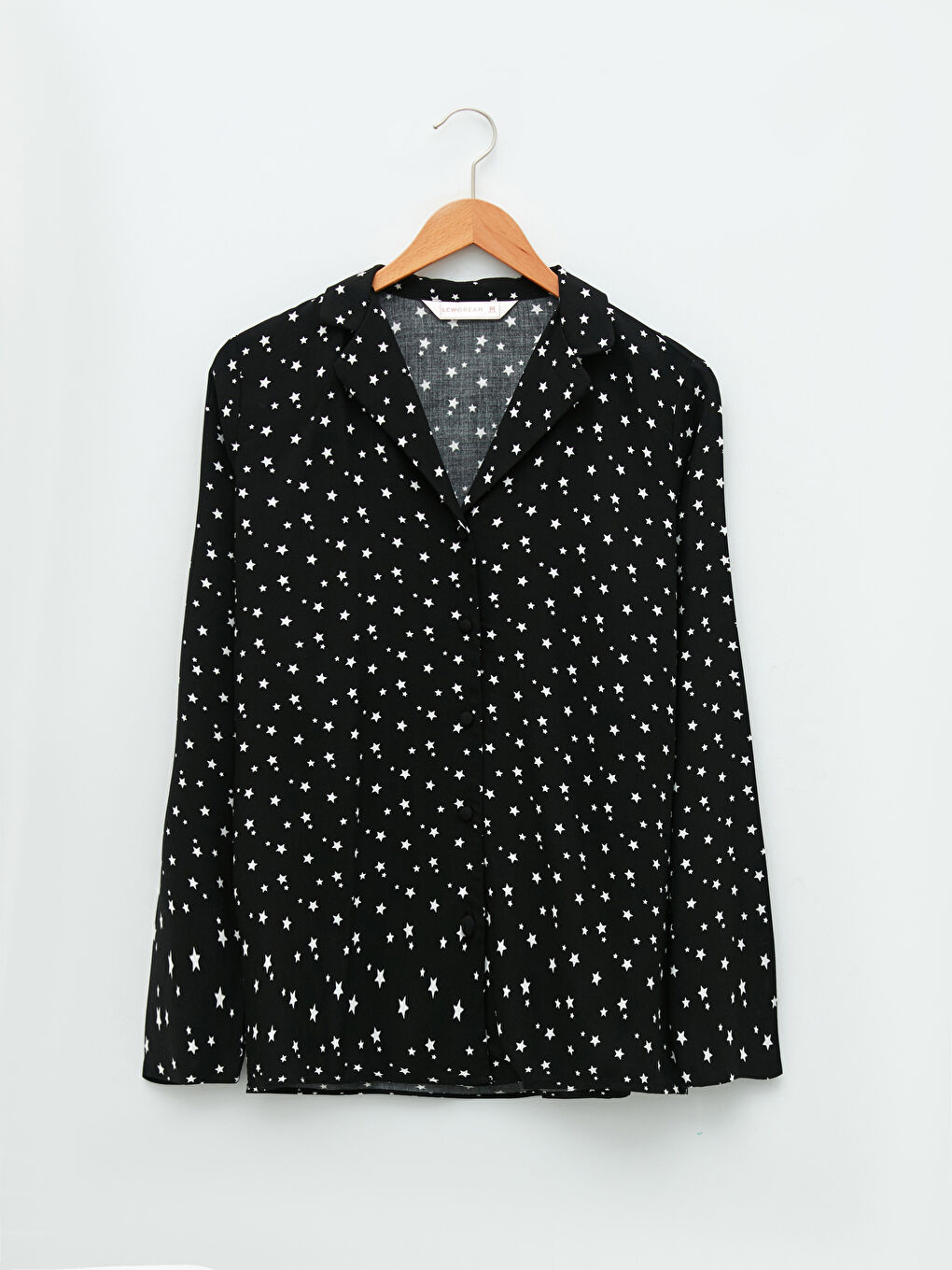 Siyah Gömlek Yaka Yıldız Baskılı Uzun Kollu Viskon Kadın Pijama Takımı-6