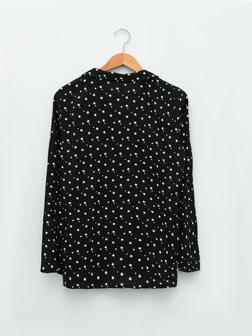 Siyah Gömlek Yaka Yıldız Baskılı Uzun Kollu Viskon Kadın Pijama Takımı-7