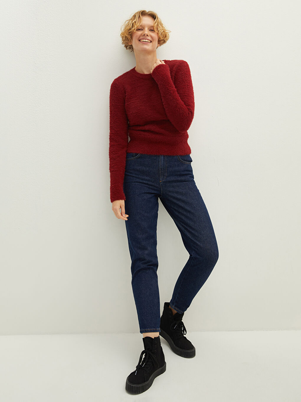 Bordo Bisiklet Yaka Düz Uzun Kollu Kadın Triko Kazak-2