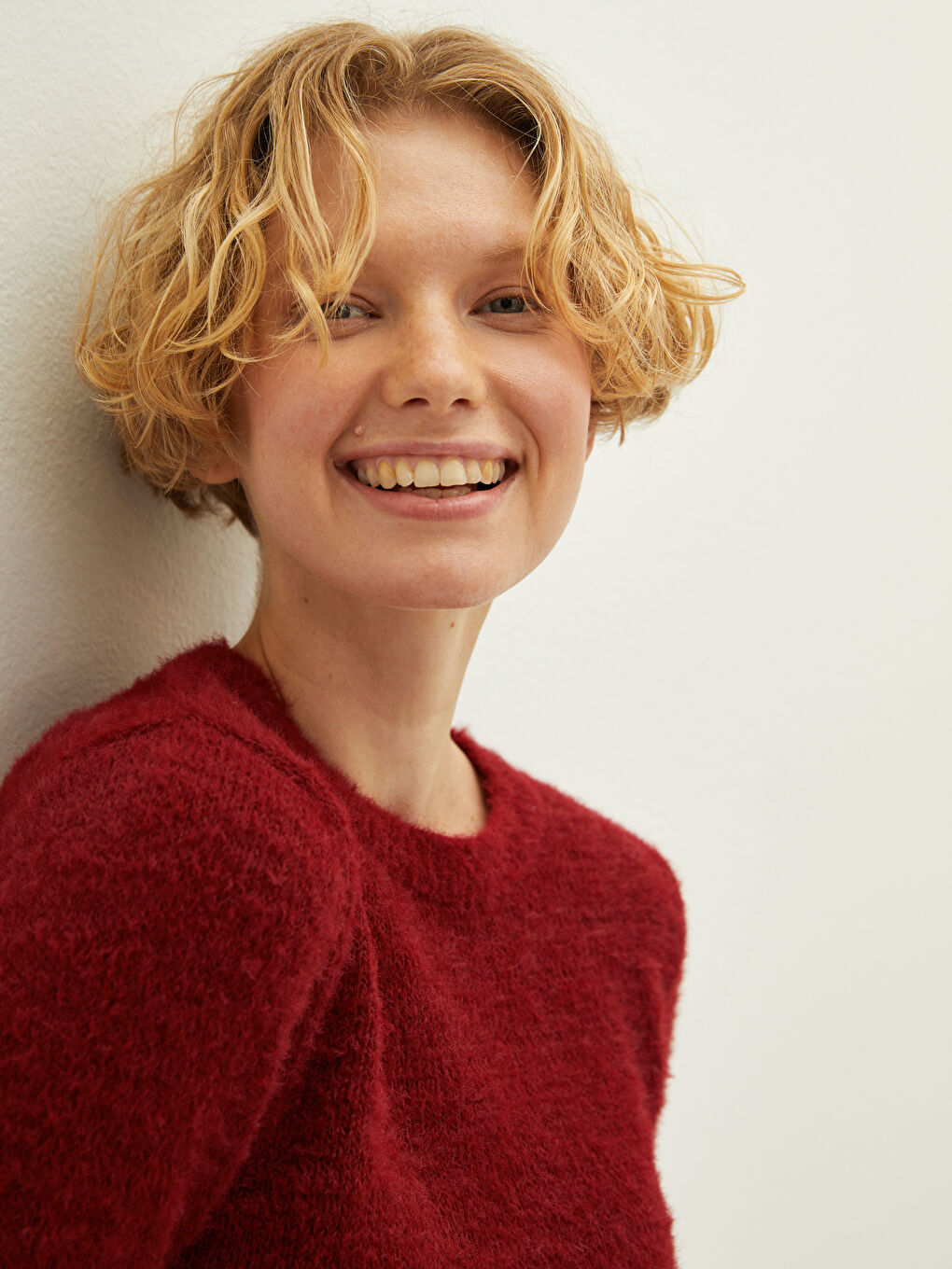 Bordo Bisiklet Yaka Düz Uzun Kollu Kadın Triko Kazak-3