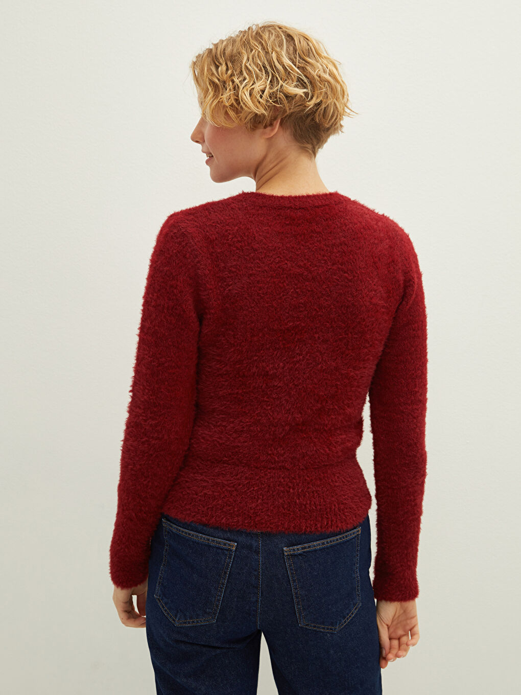 Bordo Bisiklet Yaka Düz Uzun Kollu Kadın Triko Kazak-4