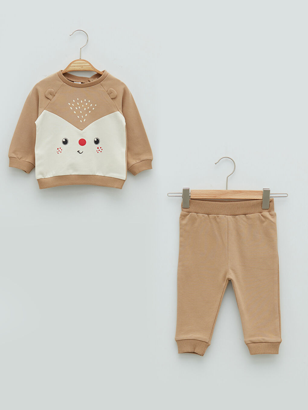 Kahverengi Bisiklet Yaka Uzun Kollu Baskılı Pamuklu Erkek Bebek Sweatshirt ve Pantolon 2'li Takım