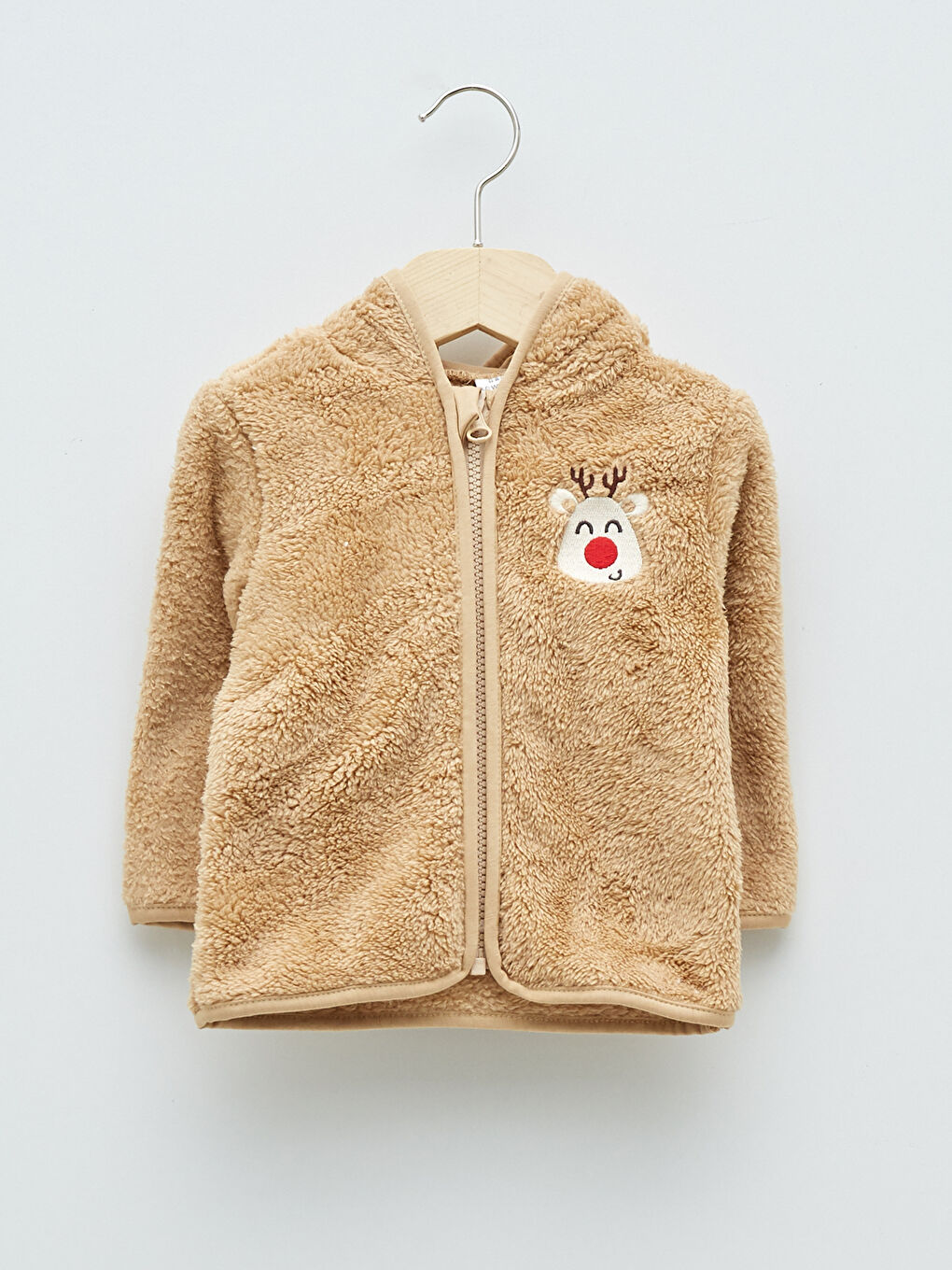 Kahverengi Kapüşonlu Uzun Kollu Yılbaşı Temalı Nakış Detaylı Pelüş Erkek Bebek Fermuarlı Sweatshirt