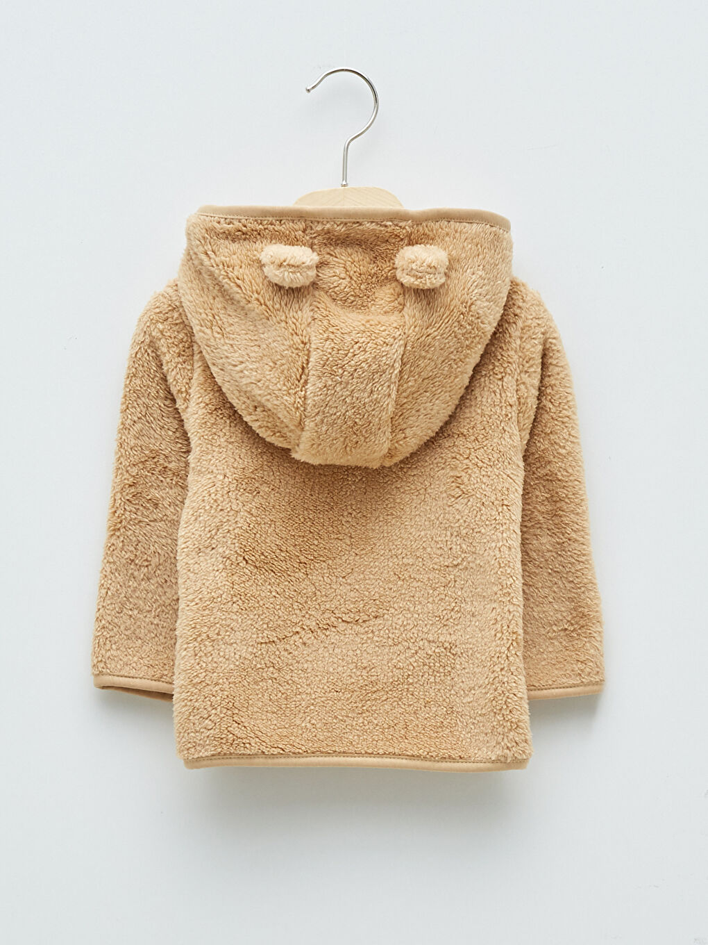 Kahverengi Kapüşonlu Uzun Kollu Yılbaşı Temalı Nakış Detaylı Pelüş Erkek Bebek Fermuarlı Sweatshirt-1