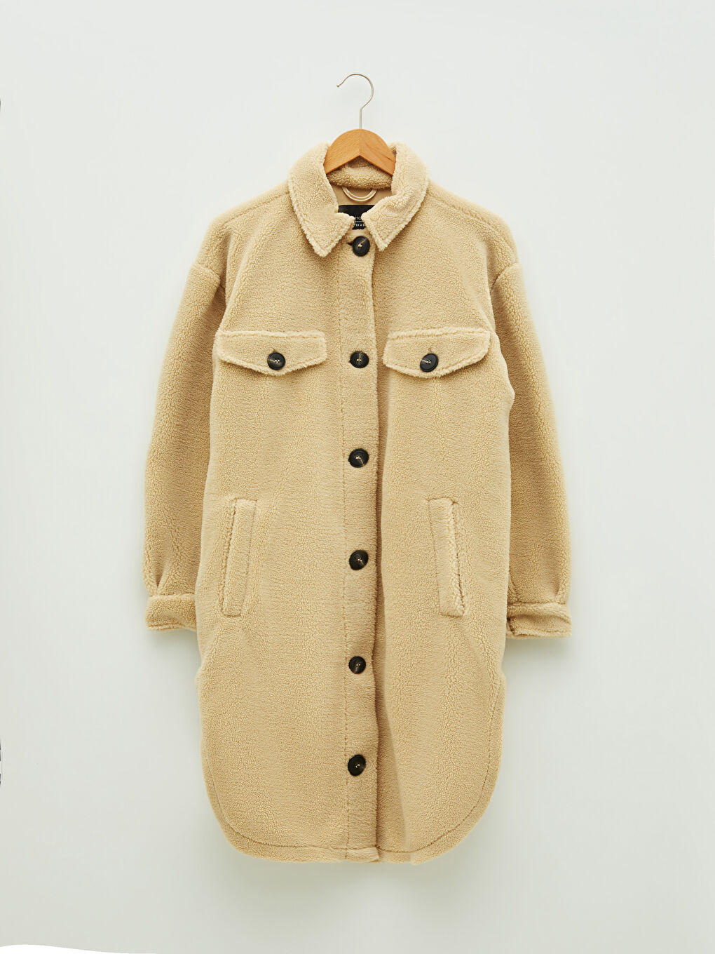 Bej Gömlek Yaka Düz Uzun Kollu Cep Detaylı Kalın Kadın Kaşe Kaban-6