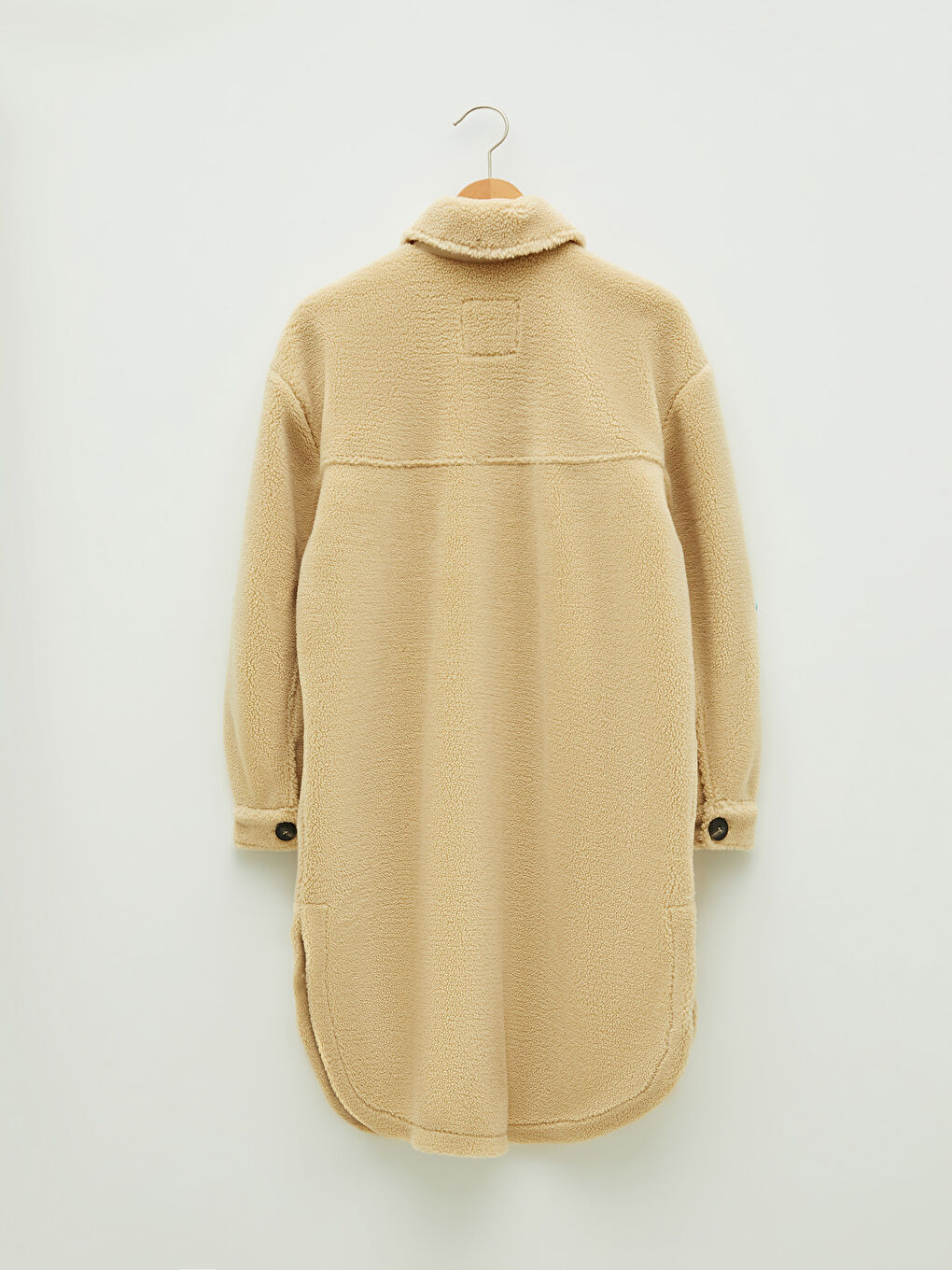 Bej Gömlek Yaka Düz Uzun Kollu Cep Detaylı Kalın Kadın Kaşe Kaban-7