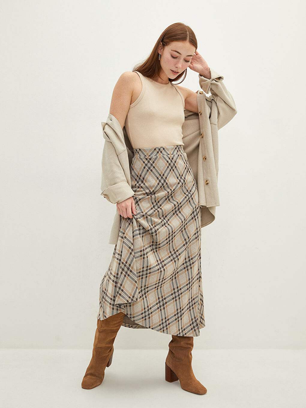 Elastic Waist Plaid A Cut Ponte Fabric Women's Skirt-1