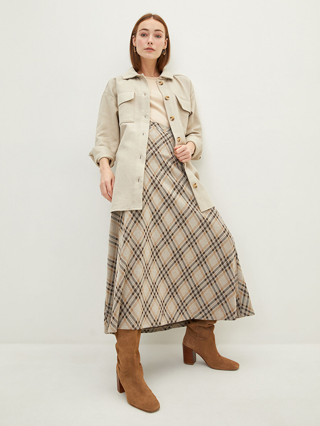 Elastic Waist Plaid A Cut Ponte Fabric Women's Skirt-2