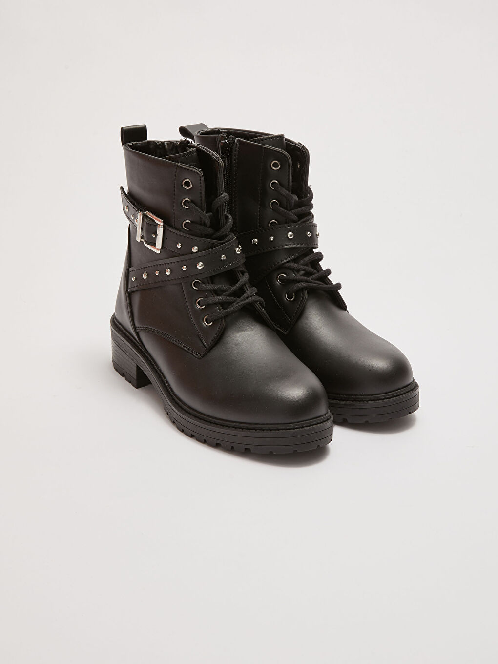 Bottes en Similicuir à Lacets et Fermeture Éclair avec Ceinture Détail pour Femmes