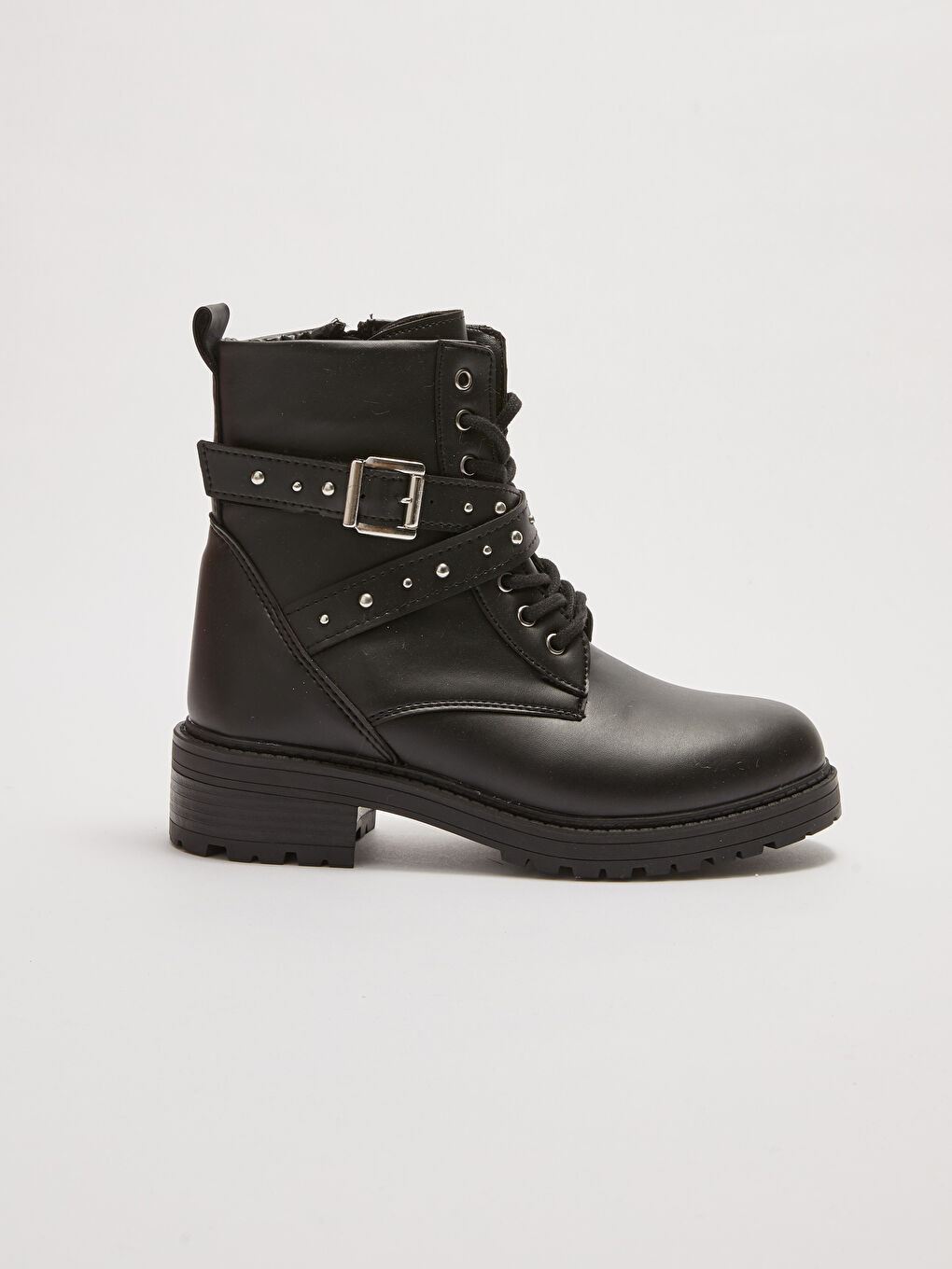 Bottes en Similicuir à Lacets et Fermeture Éclair avec Ceinture Détail pour Femmes-1