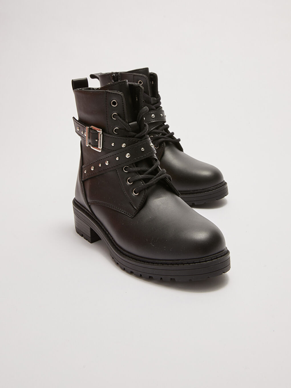 Bottes en Similicuir à Lacets et Fermeture Éclair avec Ceinture Détail pour Femmes-2