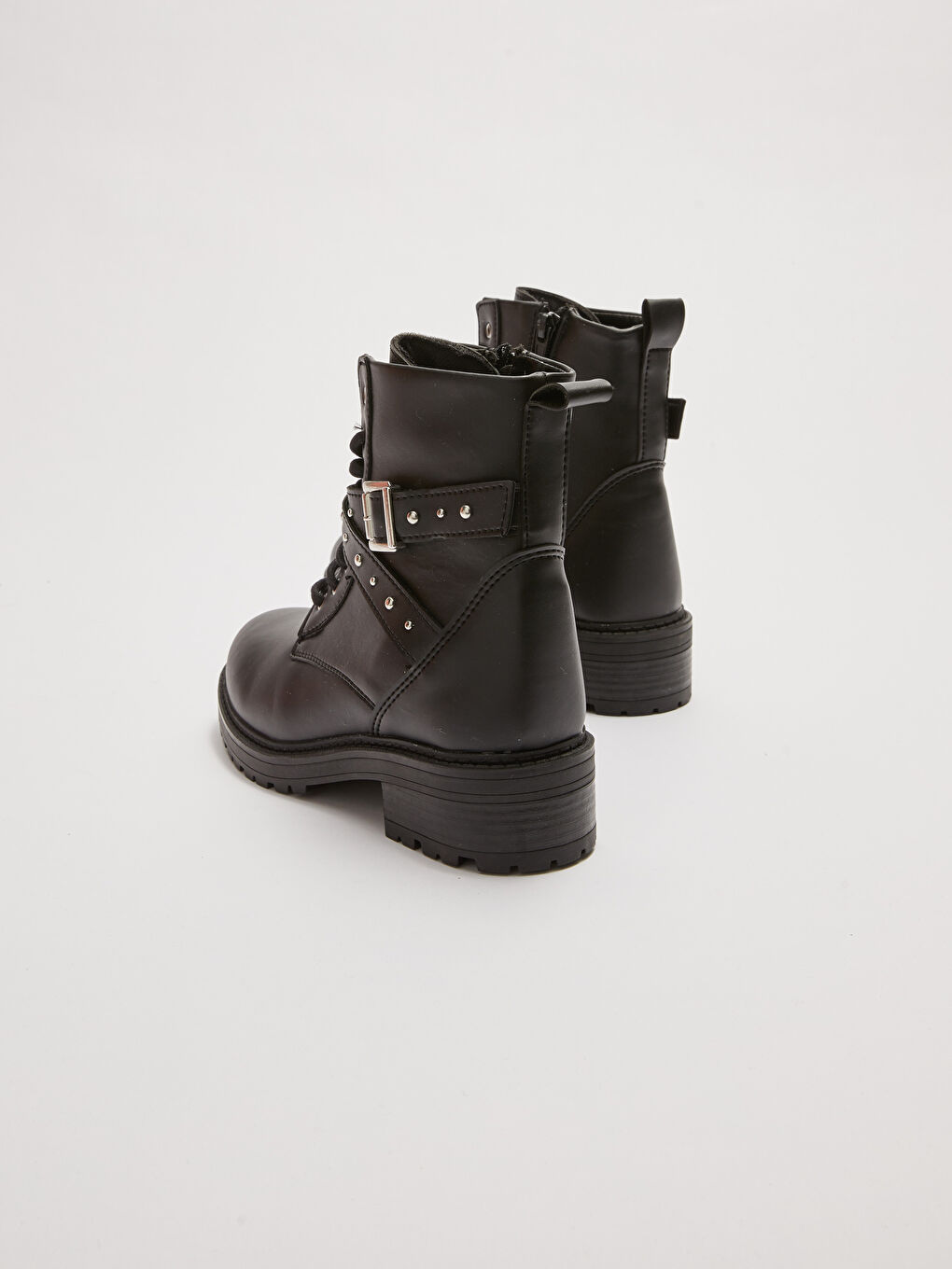 Bottes en Similicuir à Lacets et Fermeture Éclair avec Ceinture Détail pour Femmes-4