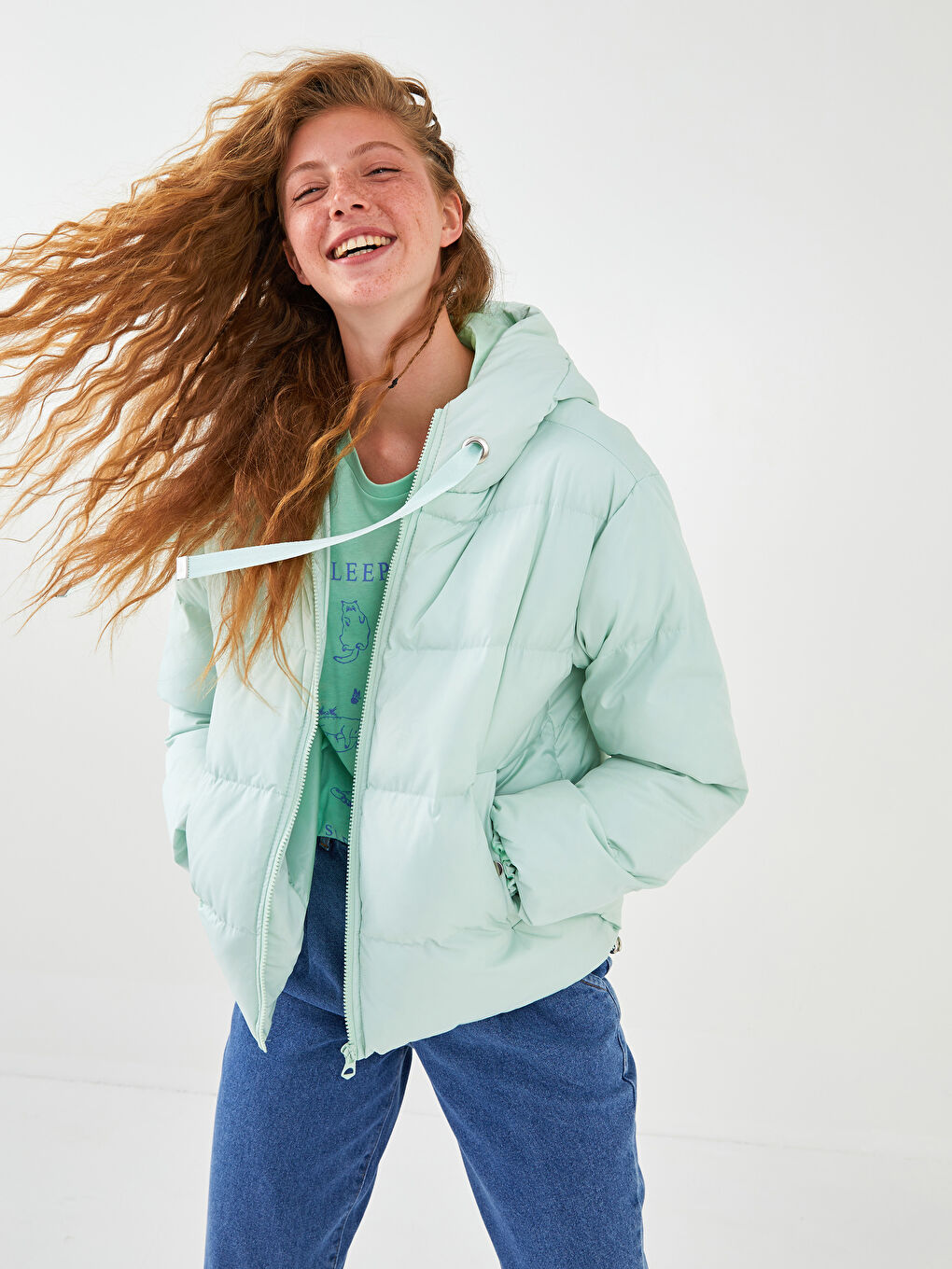 Geacă Matlasată cu Glugă, Mânecă Lungă și Închidere cu Fermoar-5