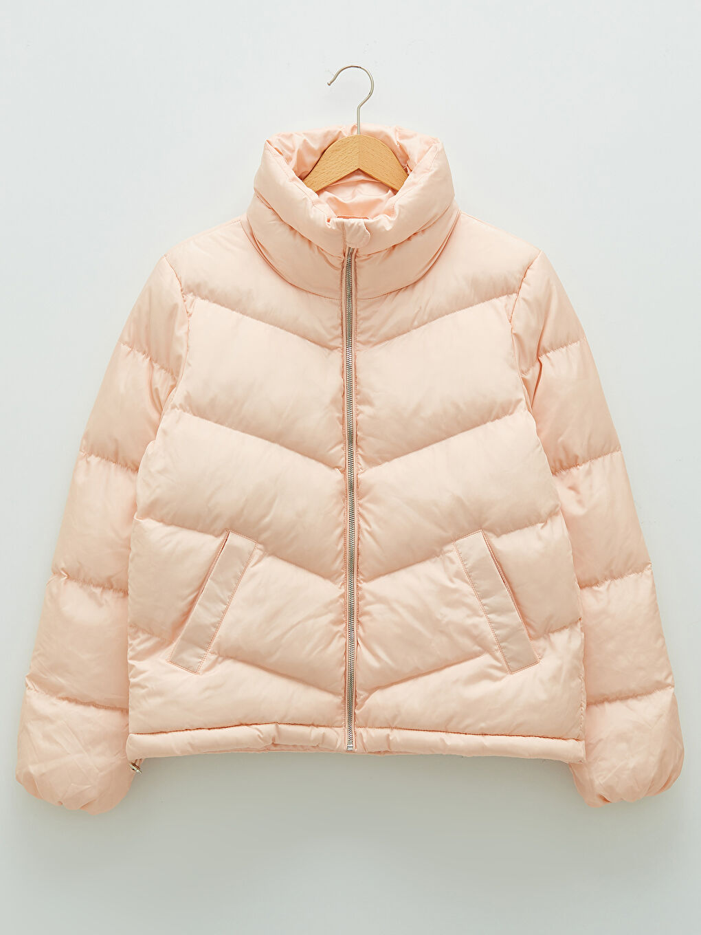 Pembe Dik Yaka Fermuarlı Uzun Kollu Kadın Şişme Mont-7