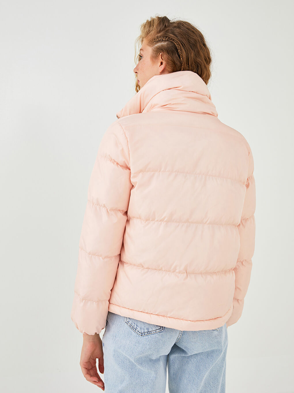 Pembe Dik Yaka Fermuarlı Uzun Kollu Kadın Şişme Mont-6