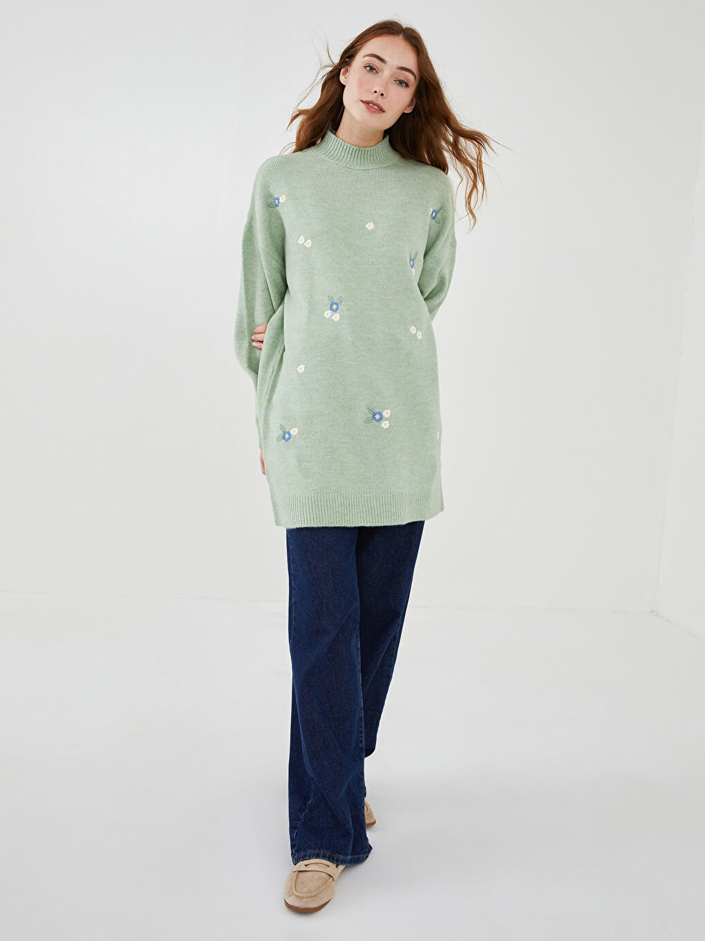 Әйелдерге арналған биік жағалы гүлді кестеленген ұзын жең трикотаж туника-3