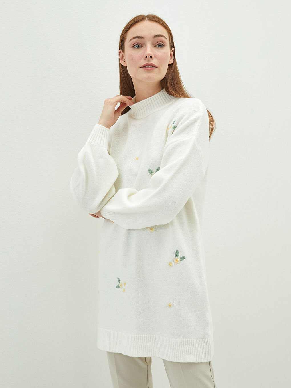 Half Turtleneck Floral Embroidered Long Sleeve Women's Knitwear Tunic-1
