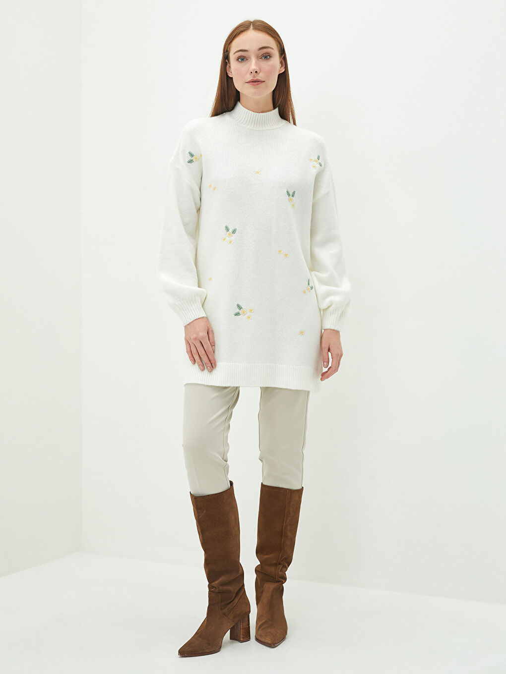 Half Turtleneck Floral Embroidered Long Sleeve Women's Knitwear Tunic-4