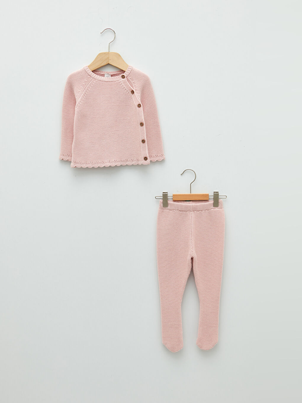 Pembe Bisiklet Yaka Uzun Kollu Pamuklu Kız Bebek Hırka ve Pantolon 2'li Takım