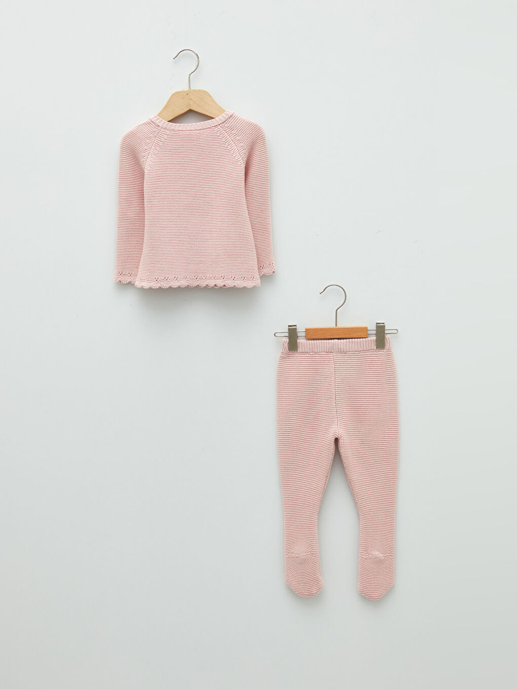 Pembe Bisiklet Yaka Uzun Kollu Pamuklu Kız Bebek Hırka ve Pantolon 2'li Takım-1