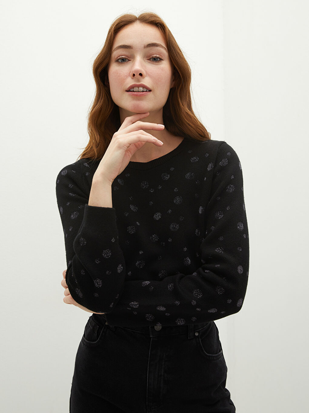 سترة تريكو بياقة دائرية بتفاصيل لامعة وكم طويل للسيدات-2