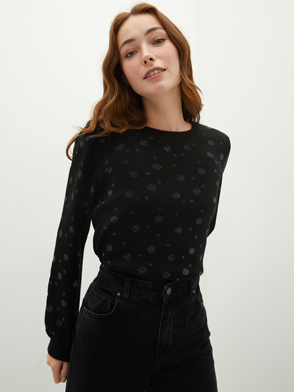 سترة تريكو بياقة دائرية بتفاصيل لامعة وكم طويل للسيدات-1