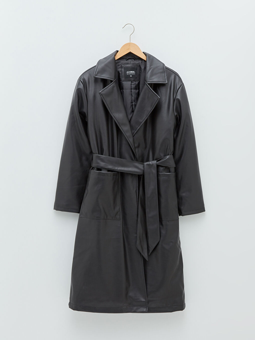 Manteau en Simili Cuir à Col Droit avec Poches Détail Manches Longues Slim pour Femmes-6