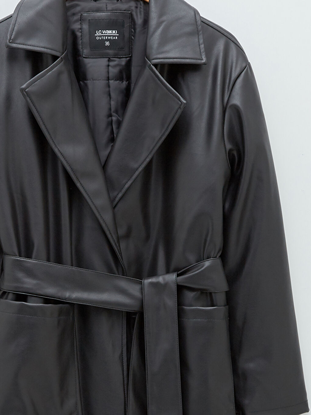 Manteau en Simili Cuir à Col Droit avec Poches Détail Manches Longues Slim pour Femmes-8