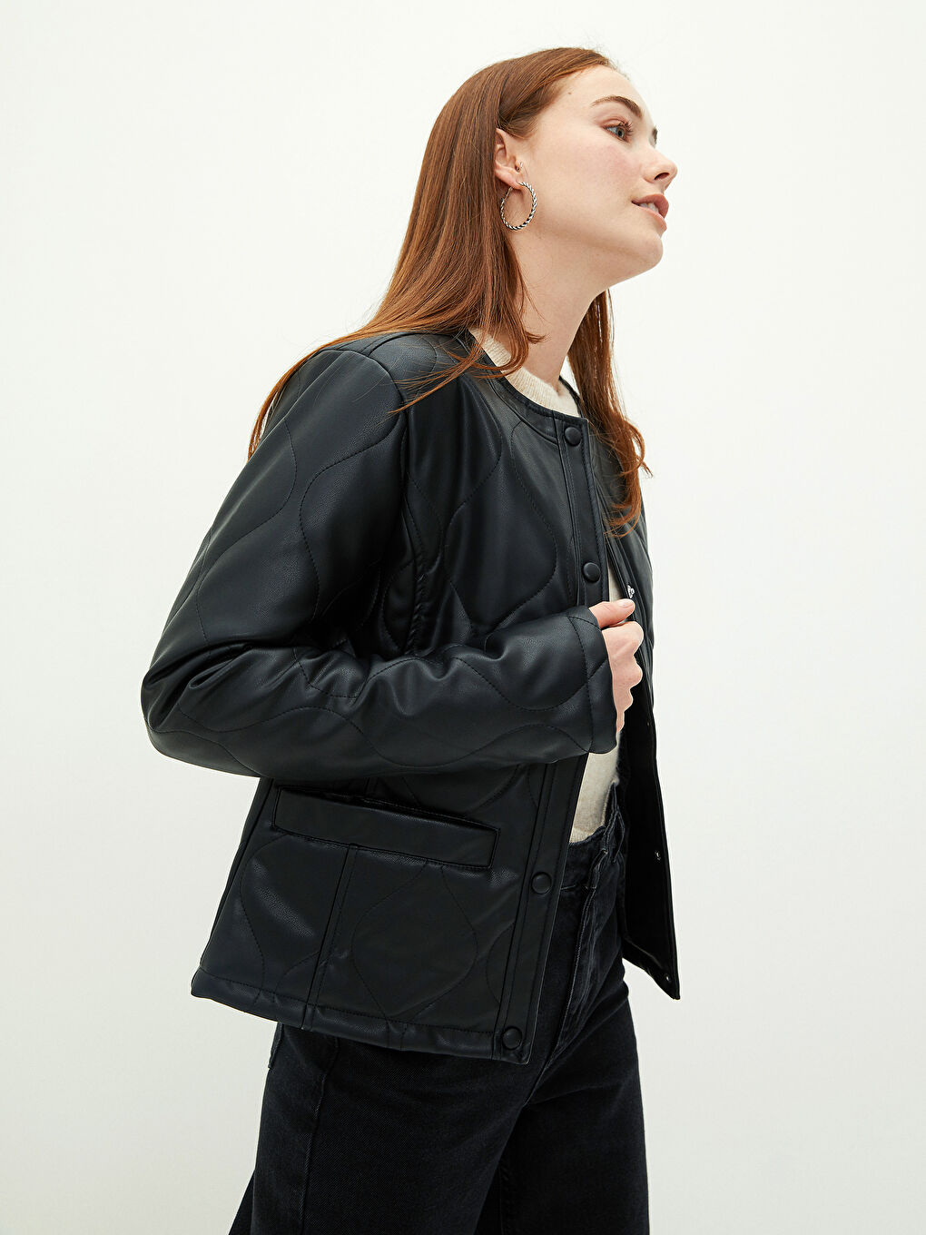 Geacă din piele ecologică cu model, guler rotund, mânecă lungă, slim pentru femei