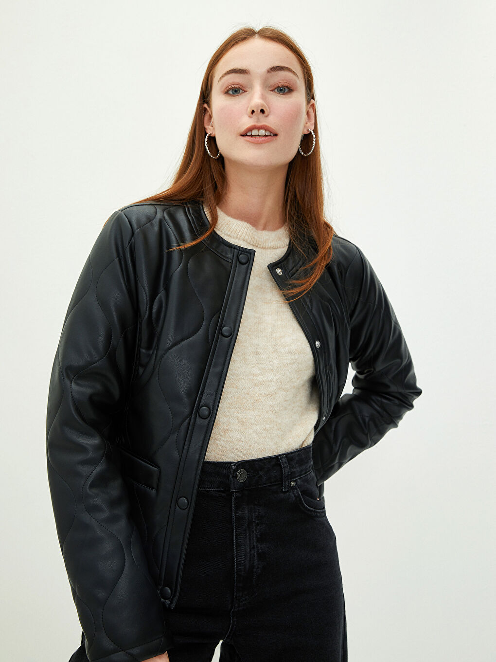 Geacă din piele ecologică cu model, guler rotund, mânecă lungă, slim pentru femei-1