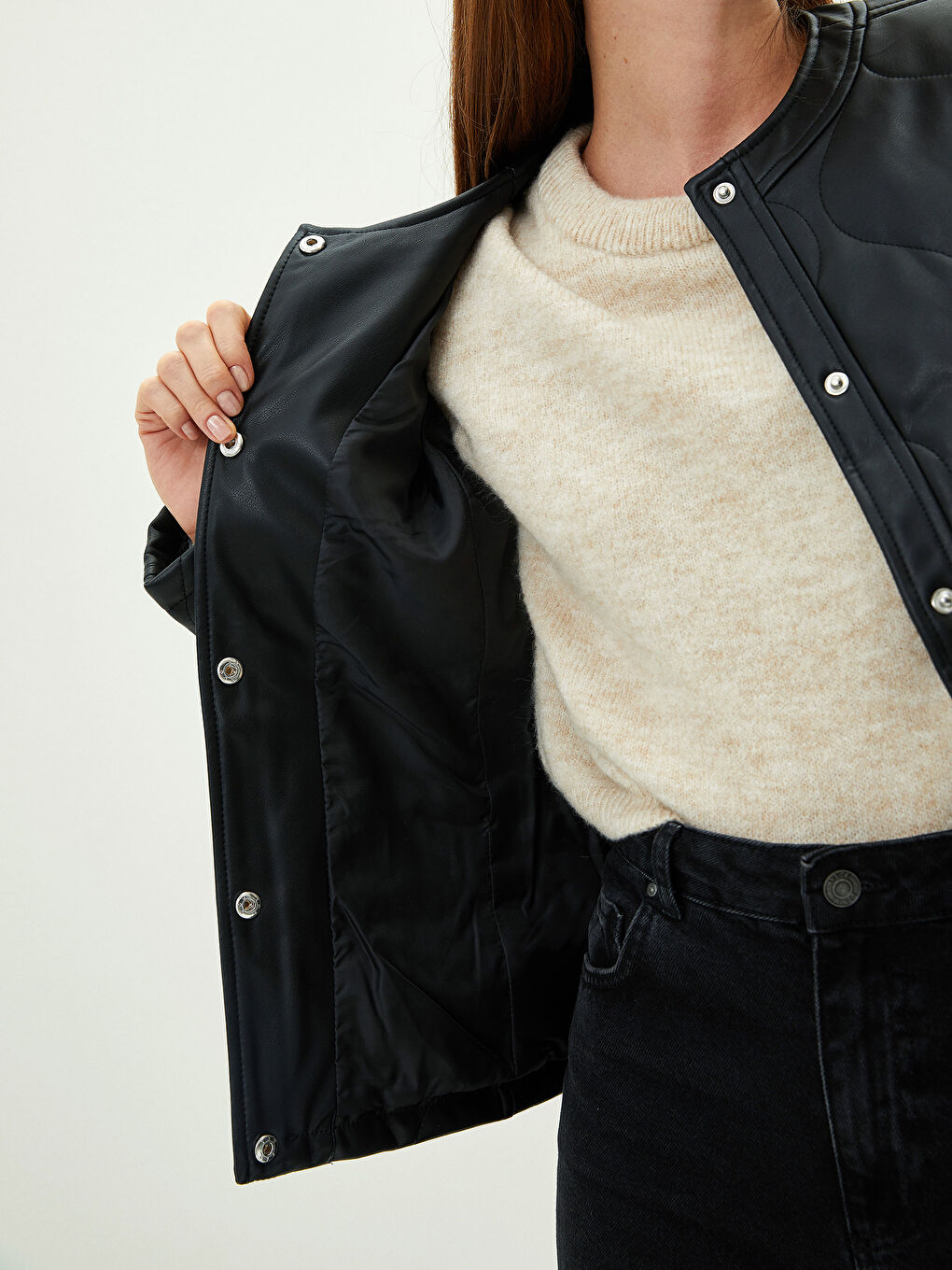 Geacă din piele ecologică cu model, guler rotund, mânecă lungă, slim pentru femei-2