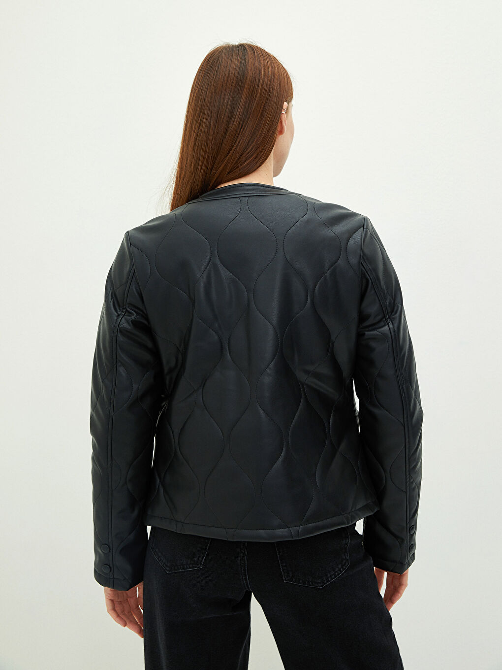 Geacă din piele ecologică cu model, guler rotund, mânecă lungă, slim pentru femei-4